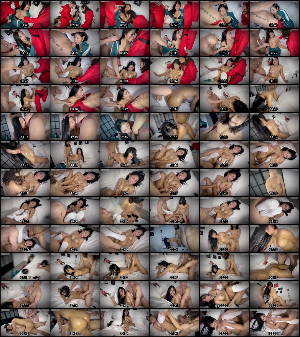 韩国木头人游戏变态玩法！巨乳白虎少女1V2肌肉男，疯狂中出涂满全身精液